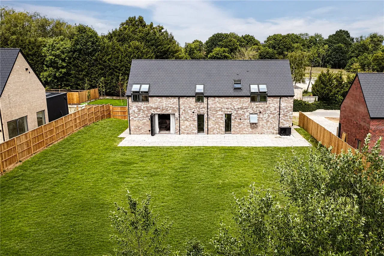 Aerial view of stone home
