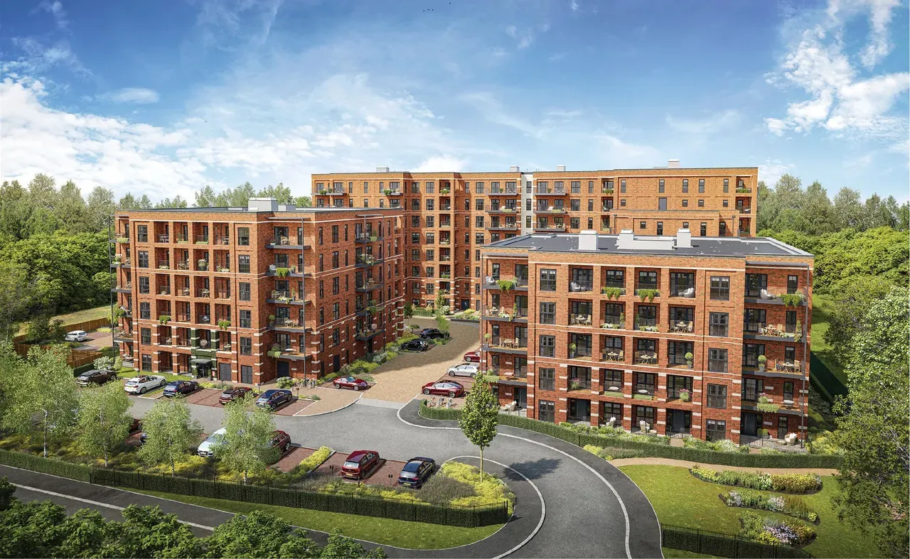 Brick apartment blocks aerial view