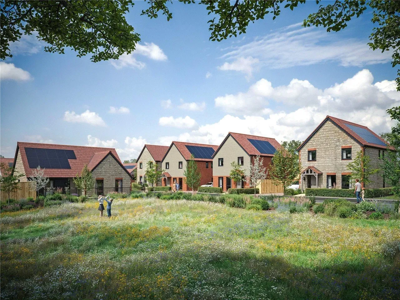Homes beside meadow CGI