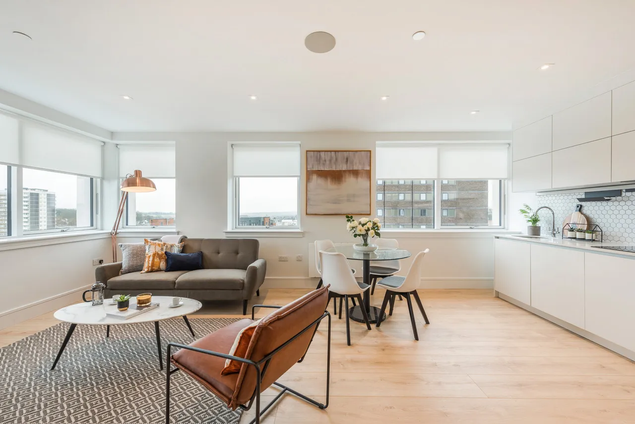 Illustrative Ewing House apartment living and dining space