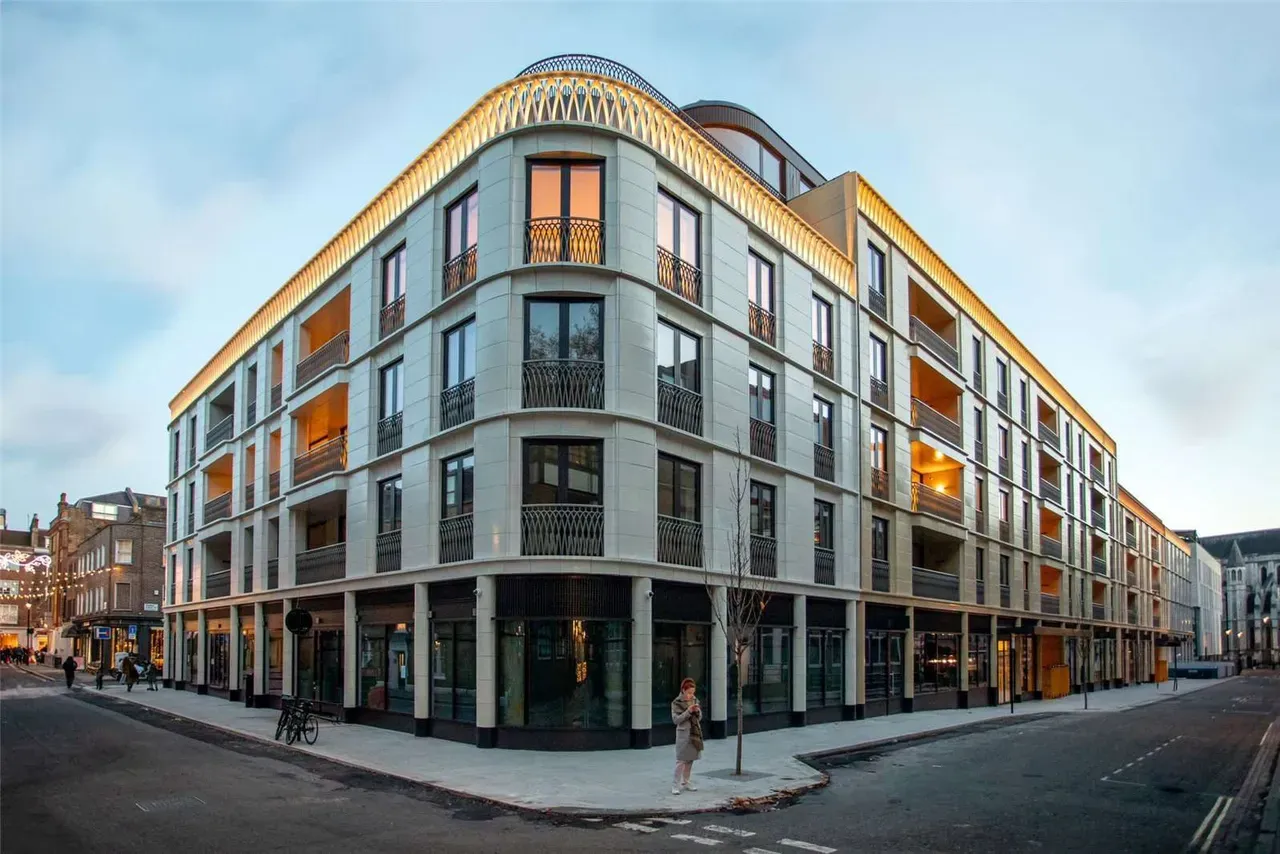 Corner building exterior at dusk