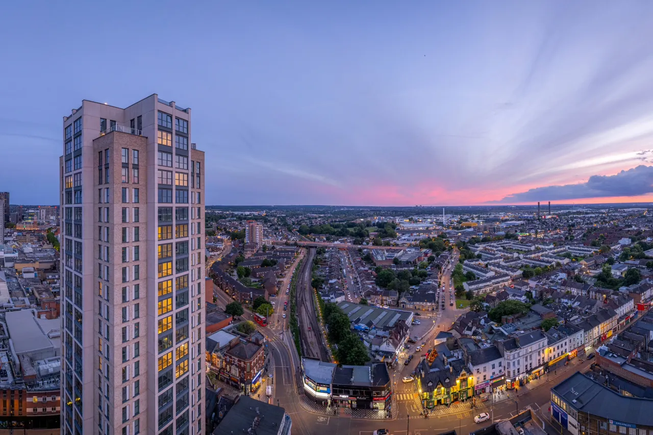 Pearson Building tower and Croydon surroundings at dusk