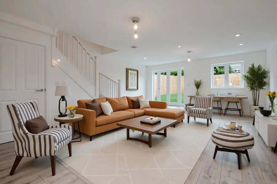 Illustrative Woodham house-type living room, offered at Trinity View — CGI / virtual staging